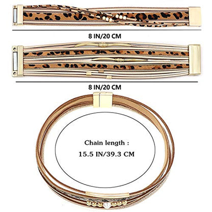 Wowanoo 3Pack Leather Cuff Bracelet Set Multilayer Wrap Bracelet Crystal Feather Tree Bracelet Magnetic Clasp Bracelet for Women - color: LeopardSnake