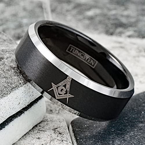 Personalized Engraved 8mm Brushed Satin Finish Black Tungsten Carbide Band Ring with Masonic Freemason's Logo & Polished Silver Beveled Edges.