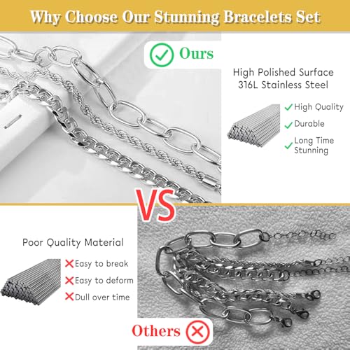 SEEDRILL Bracelets for Women Trendy Waterproof 316 Stainless Steel 18K Real Gold Plated Jewelry Sets Chunky Stackable Cuban Link Paperclip Herringbone Rope Chain Bracelet Pack Gifts Silvery/Gold-Tone - color: Silvery