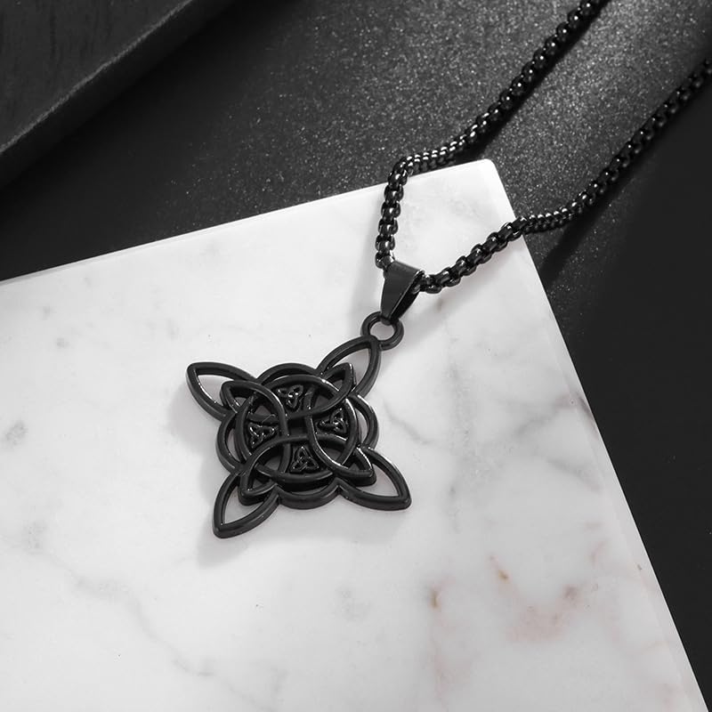 MALOYANVE Celtic Witch Knot Necklace for Men Women Stainless Steel Triquetra Trinity Pendant Irish Celtic Knot Amulet Good Luck Protection Jewelry - color: Black