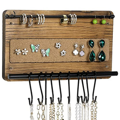 MyGift Wall Mounted Jewelry Organizer, Burnt Wood and Black Metal Necklace Holder, Bracelet, Earring Display Storage Rack with 10 Hanging S-Hooks