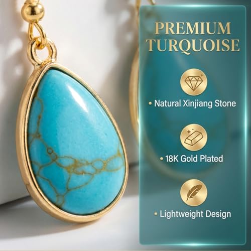 Turquoise Earrings for Women,Small Dangle Earrings,Boho Turquoise Earring with Teardrop Dangle Western Accessories - color: Gold