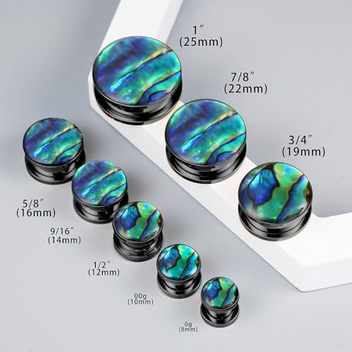 2 Pairs Abalone Pearl Shell Stainless Steel Ear Gauges Plugs and Tunnels, Size 2g - 1 inch Hypoallergenic Surgical Steel Ear Stretcher Expander Body Jewelry - color: BO1651 Black, size: 16 mm (5/8 inch)