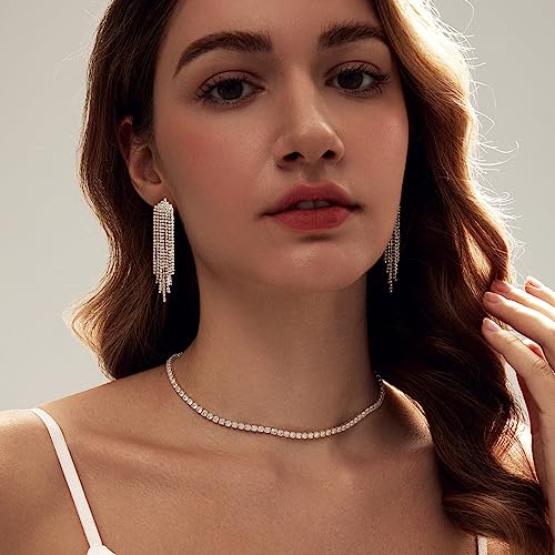 HAXIYA Tennis Necklace Bracelet for Women, Sterling Sliver Jewelry Set, Silver/Gold Chocker Necklace, Crystal Bracelet for Women, Wedding Jewelry for Bride, Sparkly Party Prom Hypoallergenic - color: Tassle Set of 3 - Silver