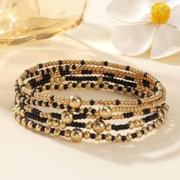 Gold Small Ball Seed Bead Stackable Bracelets Set For Women, Stretch Accessories Handmade Dainty, Daily Party Friendship Gift - color: Black