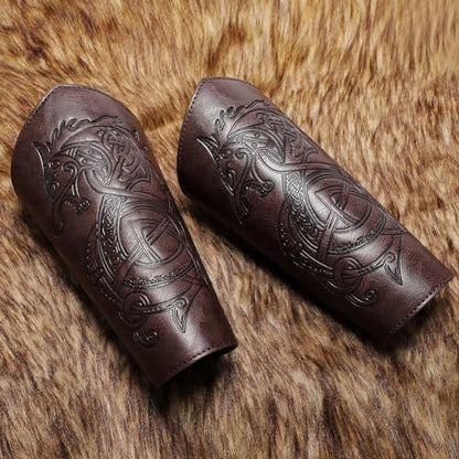 Medieval Leather Bracers Dragon Embossed Viking Leather Bracers Leather Arm Armer Cuff Leather Gauntlet Costumes Accessories - style: Dragon Leather Bracers-dark Brown