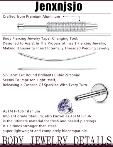 Jenxnjsjo F136 Titanium 20/18/16g Earrings Nose Lip Rings Studs Labret Medusa Tragus Helix Conch Cartilage Piercing Jewelry for Women - color: Purple, size: 20g