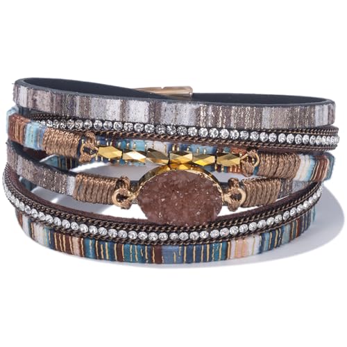 Boho Chunky Leather Wrap Bracelets Stackable Beaded Western Country Jewelry | Crystal Bead Trendy Layered Cuff Magnetic Clasp Stack Bohemian Statement Costume Outfits Cowgirl Fashion Hippie Accessories - color: Boho Brown, size: 14.7"