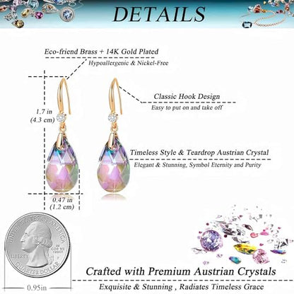 Austrian Crystal Teardrop Dangle Drop Earrings for Women 14K Gold Plated Hook Earring Hypoallergenic Jewelry Gifts for Women Girls - color: Rainbow