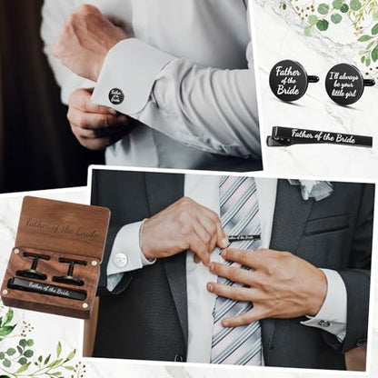 Colingmill Father of the Bride Gift Dad of the Bridegroom Cufflinks Tie Clip Set with Engraved Wood Gift Box for Dad - style: Father of the Bride,Always,Black