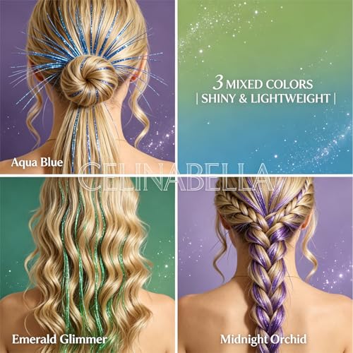 CELINABELLA Clip In Hair Tinsel 12 Pack 3 Colors Emerald Aqua Midnight Orchid 23 Inch 70 Strands Heat Resistant 320°F Invisible Light Brown Clips For Women Teens Party Festival Daily Hairstyles - color: Blue-Green-Purple