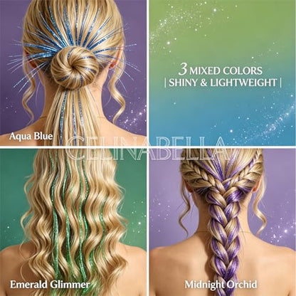 CELINABELLA Clip In Hair Tinsel 12 Pack 3 Colors Emerald Aqua Midnight Orchid 23 Inch 70 Strands Heat Resistant 320°F Invisible Light Brown Clips For Women Teens Party Festival Daily Hairstyles - color: Blue-Green-Purple
