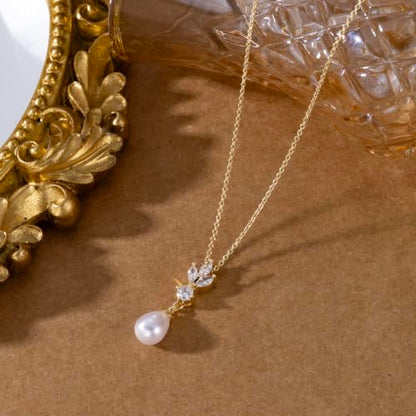 Pearl Necklaces for Women 14k Gold/White Gold Plated CZ Diamond | Dainty Cubic Zirconia Necklace, Bridal Bridesmaids Wedding Jewelry Gifts - color: Gold CZ Leaf Teardrop Pearl