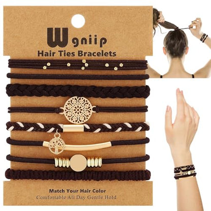 8 PCS Hair Ties Bracelets in 8 Styles, Boho Hair Ties for Thick & Thin Hair, Cute Stretch Bracelets, Dark Coffee Colors Braided Hair Ties for Ponytail Holders, No Damage Elastics - color: K-Boho