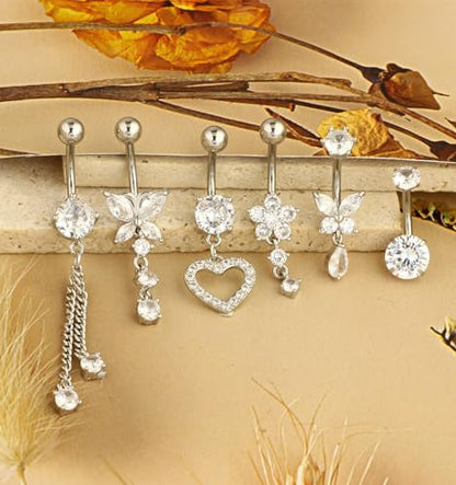 TIANCI FBYJS Surgical Stainless Steel Dangle Belly Button Rings for Women Belly Ring Dangling Piercing Jewelry with Heart Flower Butterfly Silver 14G - color: silver