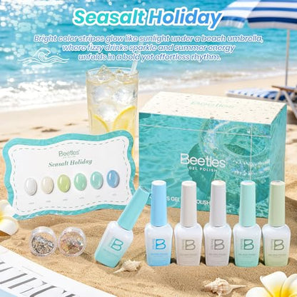 Beetles Jelly Gel Nail Polish Set, Seasalt Holiday 6 Colors 9ML Sheer Gel | Milky White MInt Green Blue Gel Nail Polish Kit Soak Off UV Salon DIY at Home Manicure Gift for Women - color: Seasalt Holiday