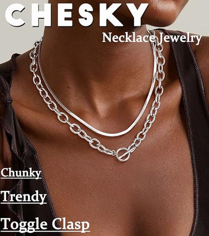 CHESKY 14K Gold Plated Chunky Necklace for Women, Trendy Toggle Clasp | Statement Pendant Necklace, Layered Paperclip Chain, Toggle Clasp Design, Thick Gold Chain, Non Tarnish Everyday Jewelry - color: silver, style: paperclip+herringbone