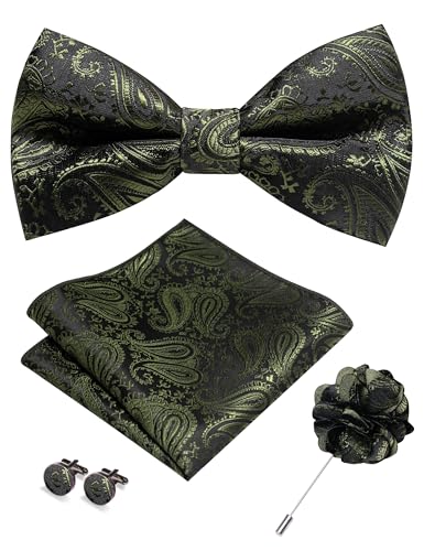 JEMYGINS Mens Paisley Bow Tie and Lapel Pin Necktie Pocket Square and Tie Clip with Sets for Business Casual 4PCS - color: Olive Green
