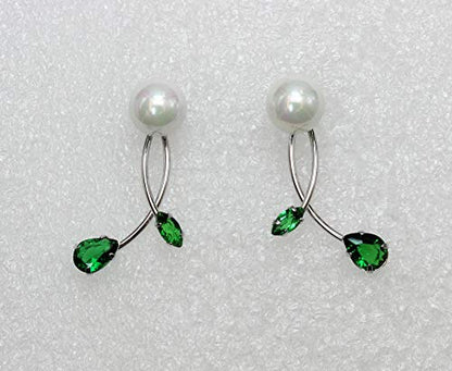 Faship Genuine 10mm Freshwater Pearls Floral Necklace Earrings Set | Premium CZ Crystal, Gorgeous, Sparkling - color: Green