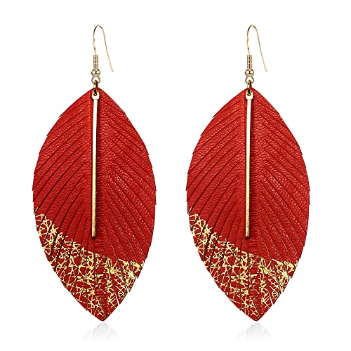 Bohemian Handmade Lightweight Color Large Genuine Soft Leather Fringe Feather Leaf Tear Dangle Drop Earrings for Women Statement - color: 2-Light red