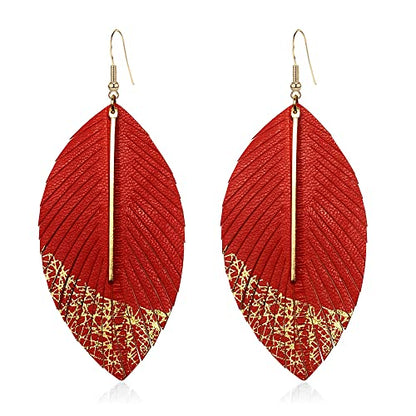 Bohemian Handmade Lightweight Color Large Genuine Soft Leather Fringe Feather Leaf Tear Dangle Drop Earrings for Women Statement - color: 2-Light red