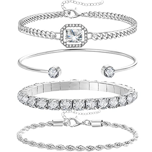 4 Pcs Dainty Gold Silver Bracelets Set for Women 14K Plated Link Cubic Zirconia Paperclip Stake Layering Chain Adjustable Trendy Hand Jewelry - color: Silver