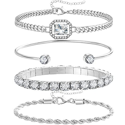 4 Pcs Dainty Gold Silver Bracelets Set for Women 14K Plated Link Cubic Zirconia Paperclip Stake Layering Chain Adjustable Trendy Hand Jewelry - color: Silver