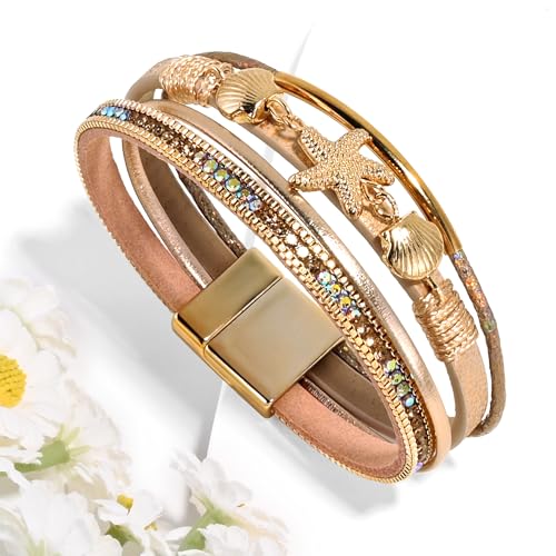 VIBILIA Boho Leather Wrap Bracelets for Women Multi-Layer Bracelets | With Strong Clasp Jewelry for Women - color: 04-ShellStarfish-Champagne