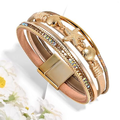 VIBILIA Boho Leather Wrap Bracelets for Women Multi-Layer Bracelets | With Strong Clasp Jewelry for Women - color: 04-ShellStarfish-Champagne