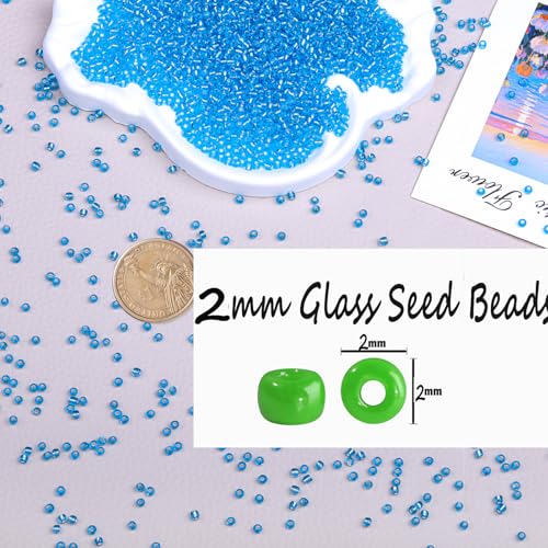 2mm Glass Seed Beads Bulk, Blue with Silver 12/0 Tiny Round Seed Bead, Small Mini Pony Craft Beads for Bracelet Necklace Wrist Jewelry Making Beading Weaving DIY Crafts Supplies - color: Blue with Silver
