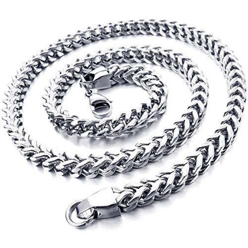 INBLUE 6MM Wide Chain Necklace for Men Women Stainless Steel Cuban Link Chain Necklaces Water Resistant Thick Metal Foxtail Chains (3 Colors - Silver Black Gold, 21.6 Inch Long) - color: Silver