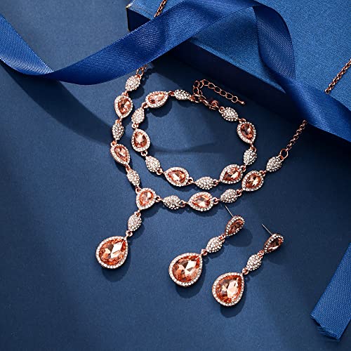 EleQueen Women's Wedding Bridal Jewelry Sets for Brides Bridesmaids, Cubic Zirconia Teardrop Necklace Tennis Bracelet Dangle Earrings Jewellery Set - color: Champagne Rose Gold-Tone