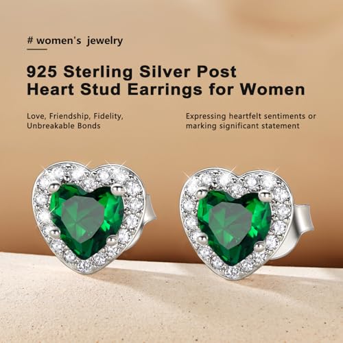 Bestyle 8mm Small Birthstone Earrings for Women with Hypoallergenic Sterling Silver Post,Sparkle Heart/Round Womens Studs Earrings, Great Birthday/Christmas/Anniversary Jewelry for Wife Mother - color: 05. May Emerald-Heart