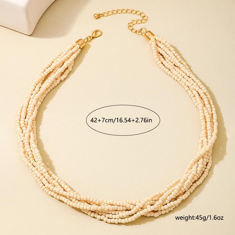 Colorful Multi-layered Seed Beaded Necklace Choker For Women Bohemian Handmade Crystal Stone Gemstone Hawaiian Necklace Holiday Birthday Summer Beach Jewelry Gift - color: Off-White