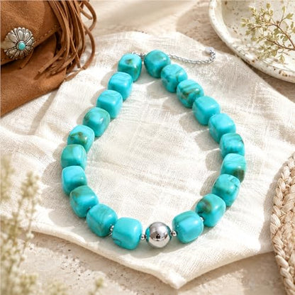 Mchic Colorful Beaded Choker Necklace for Women: Boho Large Square Acrylic Beaded Necklace Stainless Steel Adjustable Surfer Beach Strand Necklaces Summer Handmade Jewelry Gift for Women - color: Teal-Silver