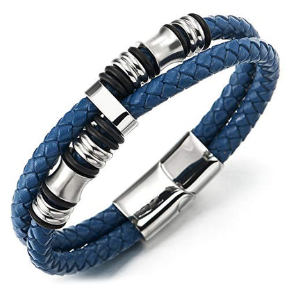 COOLSTEELANDBEYOND Mens Double-Row Braided Leather Bracelet Bangle Wristband with Black Stainless Steel Ornaments - color: E-Blue Silver