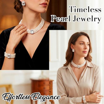 Brishow Pearl Necklace Jewelry Set Wedding Pearls Earrings Necklaces Set Bridal Crystal Bracelet Jewelry for Women (Pack of 3) - color: Silver, size: 3 Layered