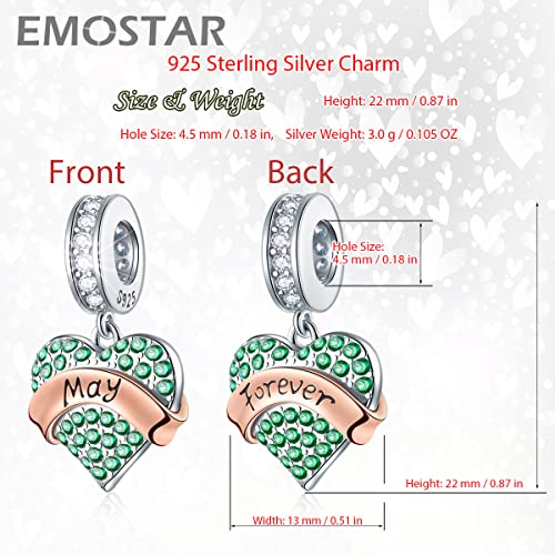 EMOSTAR Jan-Dec Birthstone Charms fits European Birthday Bracelet, Dangle 925 Sterling Silver Heart Shaped Pendant with 12 Months Birthstones, Gifts for Mom/Women - color: May Birthstone
