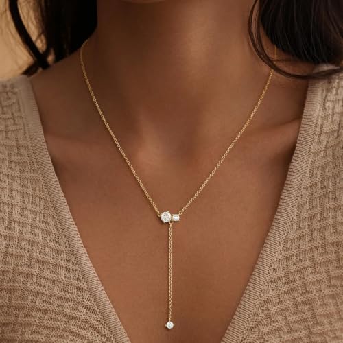 Lariat Gold Necklace for Women Dainty Long Necklaces 14k Gold Plated CZ Y Drop Chain Necklace Trendy Gold Jewelry Gifts - color: 2 Square Zircons-Y Necklace-gold-427