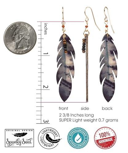 SPUNKYsoul Boho Feather Earrings for Women – Handmade Lightweight Faux Leather Drop Earrings with Earthy Tones – Hypoallergenic & Eco-Friendly Fashion Jewelry - style: Gray/Black/Creme
