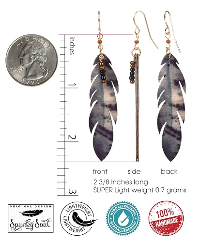 SPUNKYsoul Boho Feather Earrings for Women – Handmade Lightweight Faux Leather Drop Earrings with Earthy Tones – Hypoallergenic & Eco-Friendly Fashion Jewelry - style: Gray/Black/Creme