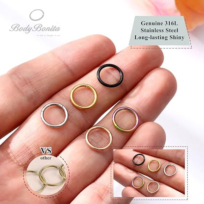 4/5/8 pcs 16G/18G/20G 316L Surgical Steel Hinged Nose Rings Hoops Lip Septum Rings Helix Conch Rook Cartilage Tragus Earrings Piercing Jewelry Black Silver Gold Plated Nose Rings Women Men - color: Mixed - 16G 8mm- 5PCs