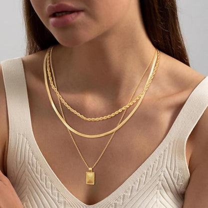 Gold Layered Necklaces for Women Stack Boho Stacking Layering 14K Gold Plated Chain Necklaces Set Cuban Link Herringbone Twist Chain Square Coin Pendant Necklace Jewelry Gifts Trendy Stuff - color: A Gold Layered Square Necklace