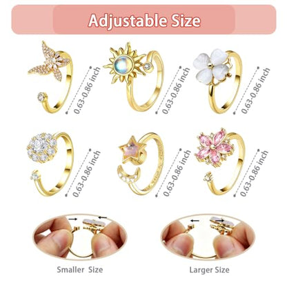 6Pcs Fidget Anxiety Rings for Women, Gold Adjustable Open Spinner Rings for Anxiety, Stress Relief Rotating Rings with Butterfly Sun Star Flower Four-Leaf Clover Designs, Fidget Jewelry for Women - color: Gold