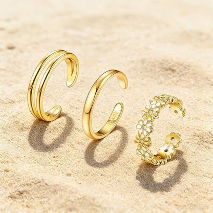 3Pcs Gold Toe Rings for Women,Trendy CZ Flower Toe Rings Silver Open Adjustable Band Ring Summer Foot Jewelry Accessories - color: flower cz