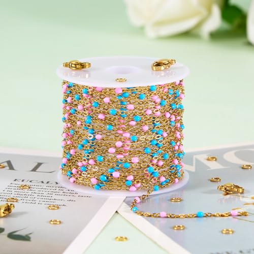 16.4FT Blue Pink Enamel Bead Chain Roll Gold Plated Necklace Jewelry Links | Gold Plated Stainless Steel Bulk Chains for Jewelry Making with Lobster Clasps Jump Rings for Crafting - color: gold-blue pink