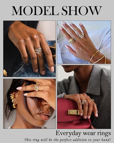TLY Stackable Gold Rings for Women Interlocking Ring Stack Set non tarnish | 18K Gold Silver Plated Mixed Metal Statement Rings Waterproof Cubic Zirconia Fashion Connected Band Thumb Ring Size 4-11 - color: 06.Piera set