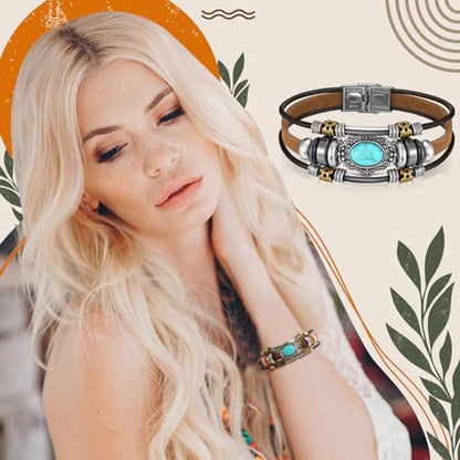 6 Pcs Turquoise Bracelet for Women Leather Bracelet Western Jewelry for Women Multilayer Boho Cuff Bangle Set - style: Classic