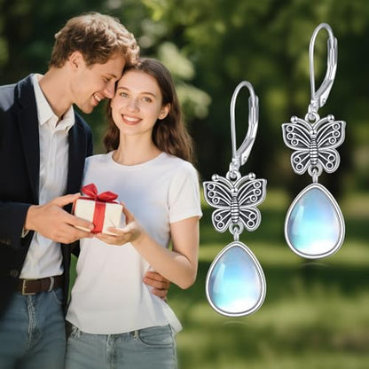 POPLYKE Dragonfly Butterfly Hummingbird Sunflower Earrings 925 Sterling Silver Abalone Shell Moonstone Leverback Earrings Jewelry - style: Moonstone Butterfly 2