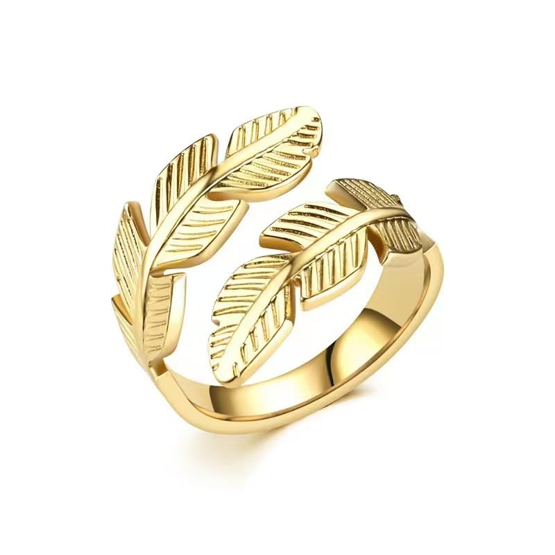 Adjustable Stainless Steel Feather Leaf Ring for Women Men - color: Gold